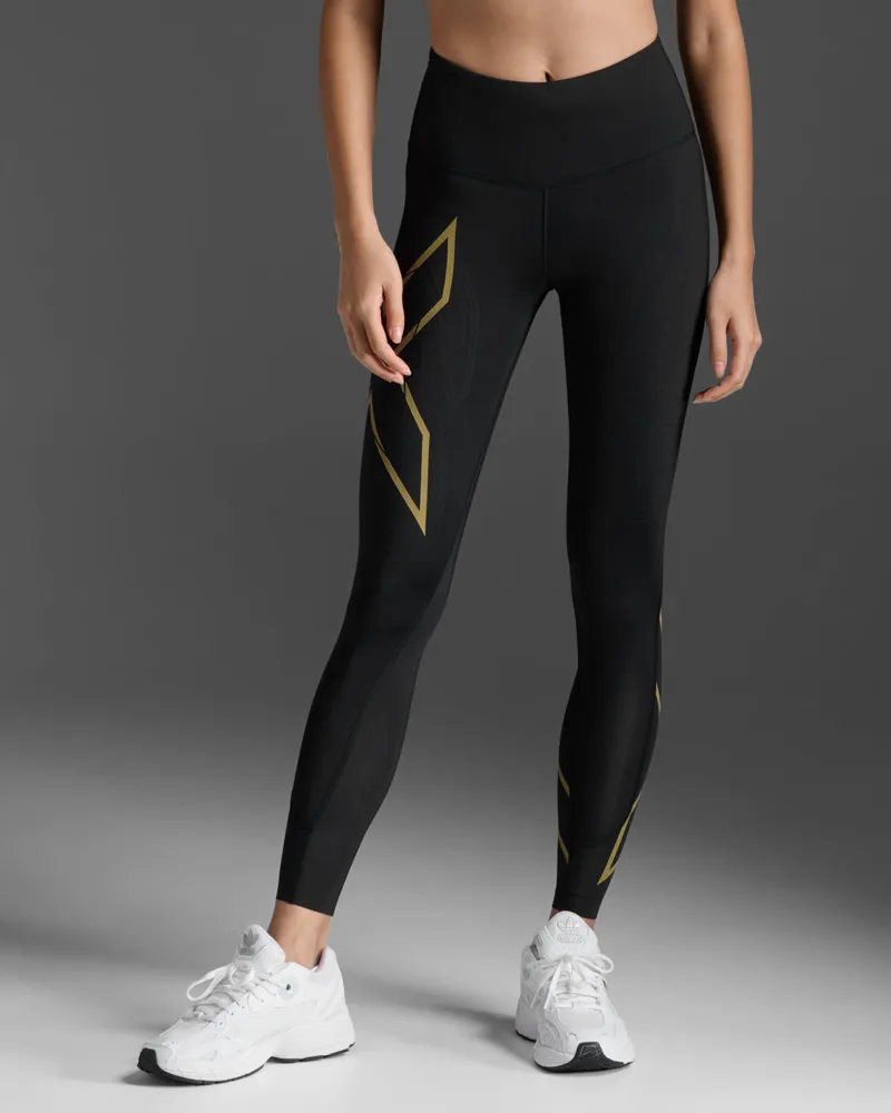 2XU Women's Light Speed Mid-Rise Compression Tight Black Gold Reflective