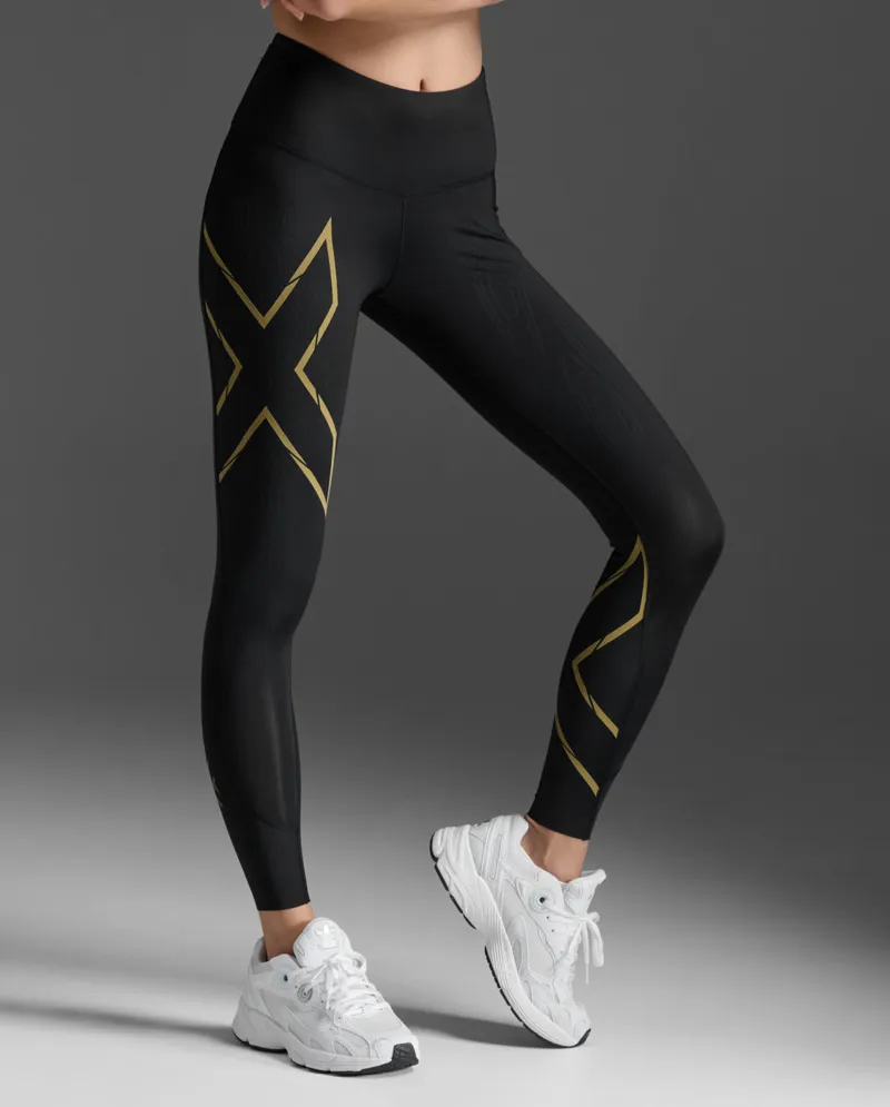 2XU Women's Light Speed Mid-Rise Compression Tight Black Gold Reflective-2